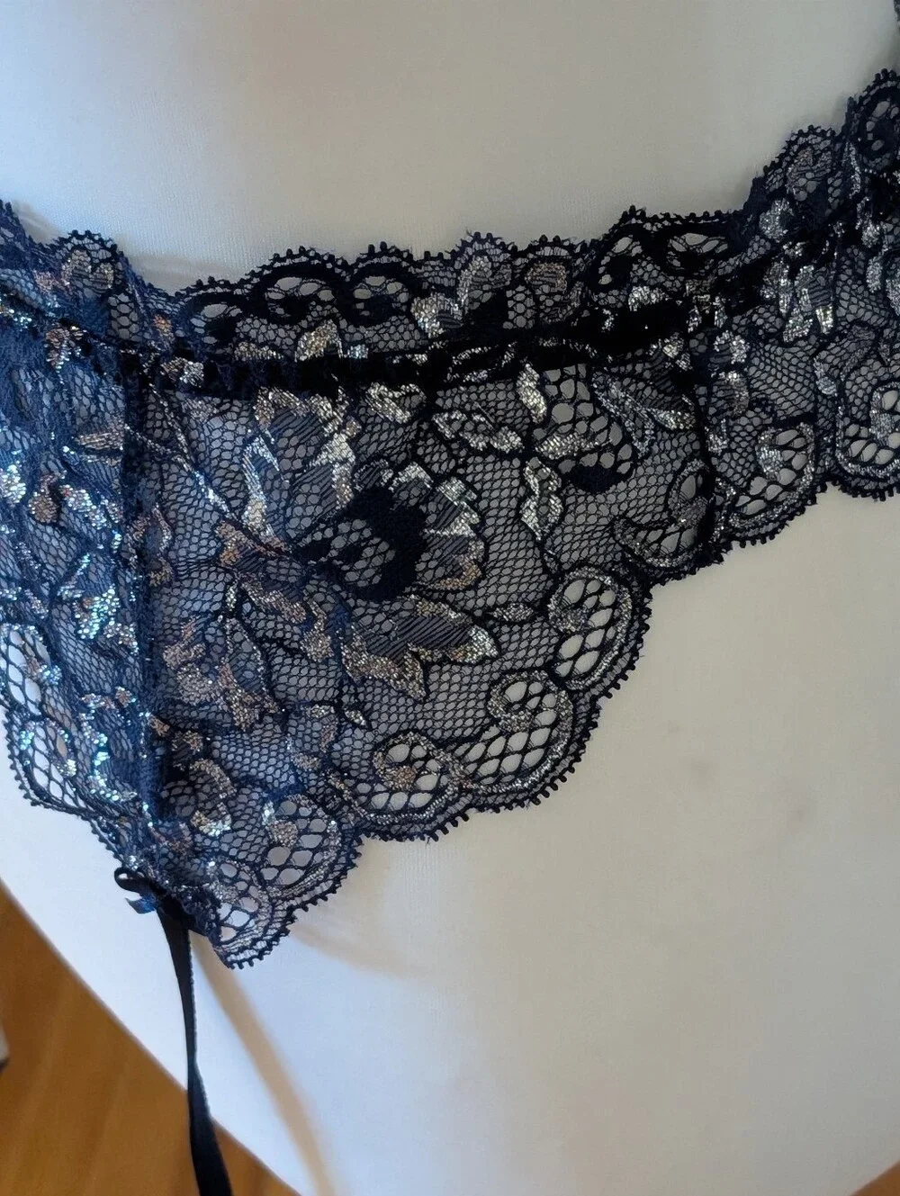 Coquette Glitter Lace Garter Belt Victoria's Secret Navy‎ Blue Metallic (M) NWT